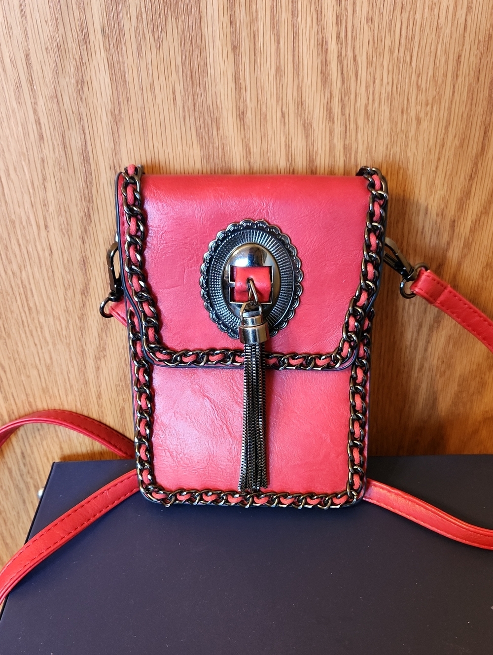 Red Chain-Trim Crossbody Bag with Tassel Detail